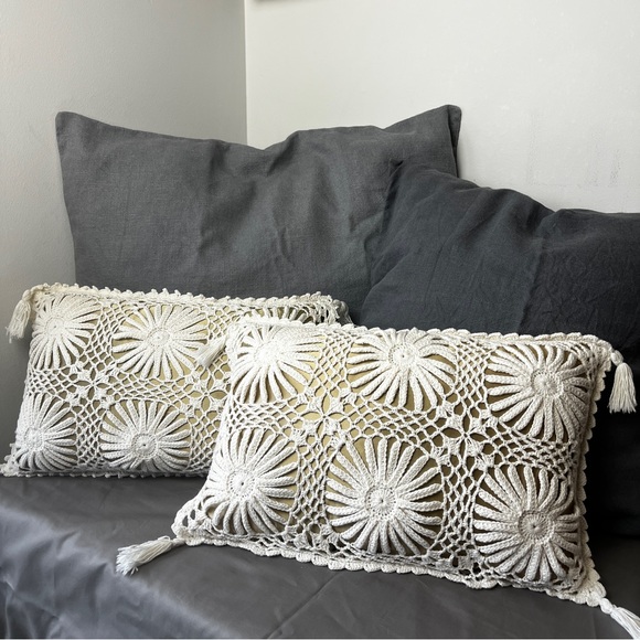 Handmade Other - Crochet Throw Pillow Pair — Ivory Lumbar Accent Pillows 9″×14.5″